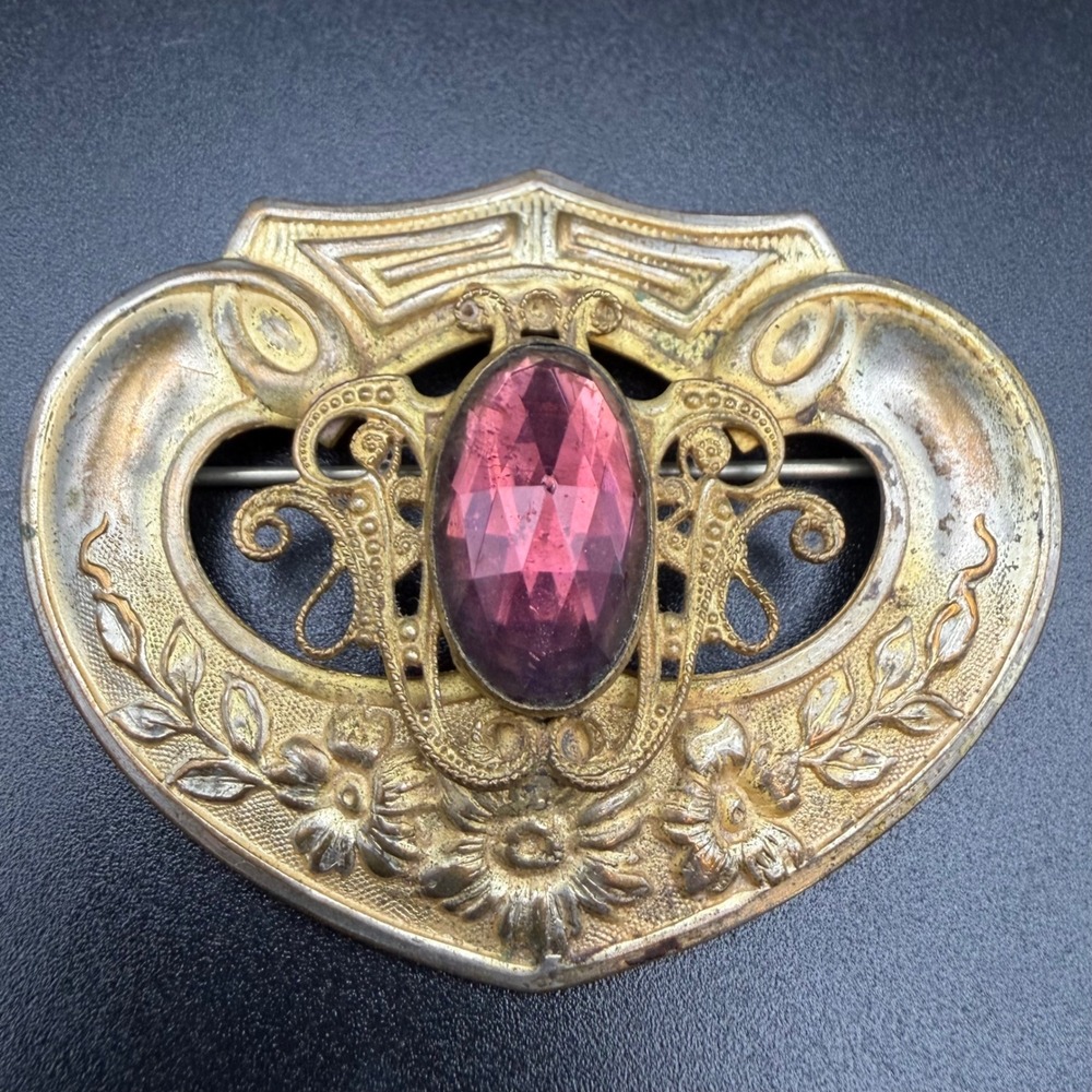Vintage Sash Brooch Gold Tone Purple Glass Faceted Stone Edwardian Floral Large